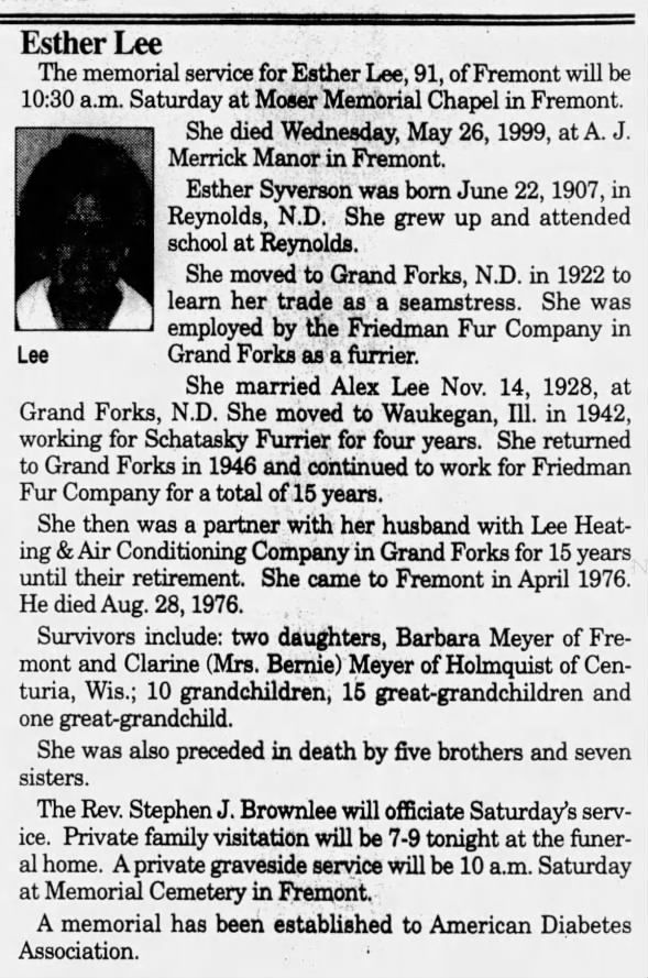 Obituary for Esther Lee, 1907-1999 (Aged 91)